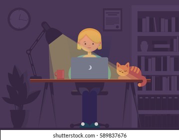 Freelancer working at night concept. Young woman sitting in the room with laptop, working, surfing internet or networking. Programmer, designer or writer night job. Flat design vector illustration. 