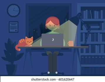 Freelancer Working At Night Concept. Young Woman Sitting In The Room With Laptop, Working, Surfing Internet Or Networking. Programmer, Designer Or Writer Night Job. Flat Design Vector Illustration. 