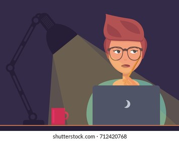 Freelancer working at night concept. Young woman sitting with laptop, working, surfing internet or networking. Programmer, designer or writer night job. Flat design vector illustration. 