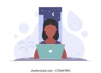 Freelancer working at night at home. Woman has too much work. Freelance, student or remote worker concept. Flat style vector illustration isolated on white background.