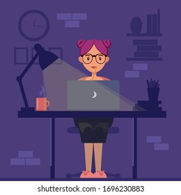 Freelancer working at night. Remote work. Young woman sitting in the room with laptop, working, surfing internet or networking. Programmer, designer, writer working at home. 