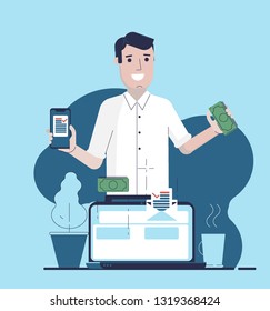 Freelancer working at notebook. Happy young man freelancer working at home with cup of coffee and smartphone.Online shoping. User experience for web and applications with modern man
