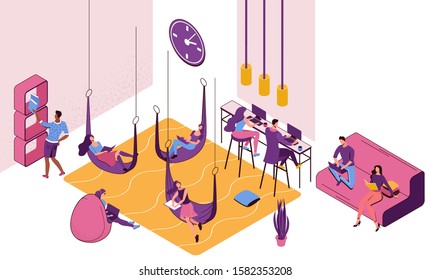 Freelancer working in office lying in hammock, people with laptop in co working space at high tables, in bean bag chair, sitting on sofa, modern interior design, graphic vector illustration