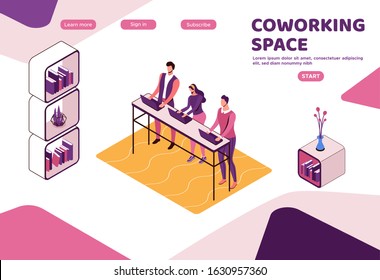 Freelancer working in office, people with laptop in coworking space at standing desk, isometric modern interior design, graphic vector illustration, landing page template