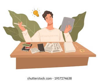 Freelancer working on article idea, journalist with notes thinking on text. Copywriter dealing with content. Man using storytelling for texts. Student doing homework task. Vector in flat style