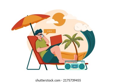 Freelancer working on the beach. Remote Working Illustration concept.