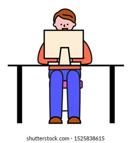 Freelancer working on business project. Isolated character looking at screen of gadget. Student learning at online courses. Office worker or programmer at work vector in flat style illustration