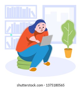 Freelancer working on the computer. Business woman at work. Vector illustration in flat style