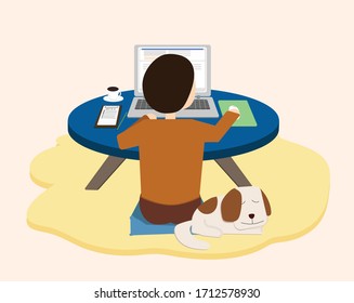 Freelancer is working on a computer. Employee is working from home beside his dog. Vector.