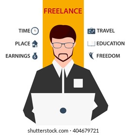 Freelancer working on computer. Flat