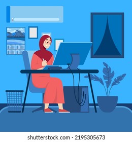 Freelancer working on computer and pen tablet. Women who work independently. Remote worker, employee schedule, flexible schedule concept. Isolated vector illustration of coral blue and pink. Eps 8.