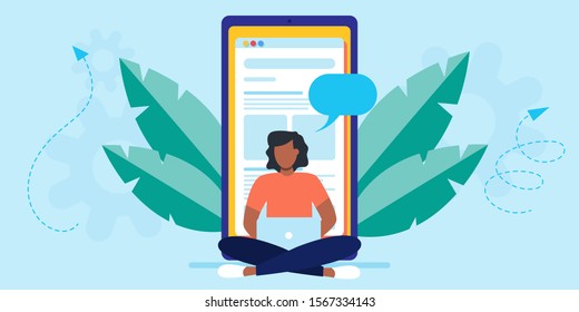 Freelancer working on computer, phone, tablet. vector afro girl student in balance sitting lotus pose with laptop surrounded by leaves. graphic design for language courses, online education school. 