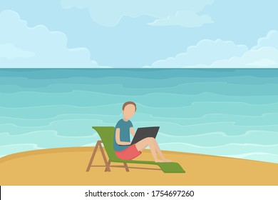 Freiberufler, der am Laptop am Strand arbeitet. Vektorgrafik.
