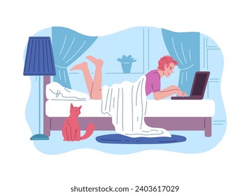 Freelancer working on laptop in bed, vector illustration in simple flat style. Young man working on a computer at home in his bedroom without getting out of bed.