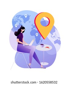 Trabajador independiente trabajando en un portátil en el café. Gran pin y mapa del mundo. Encuentre el concepto de trabajo independiente en línea. Mujer joven. Ilustración de vectores aislada en fondo blanco