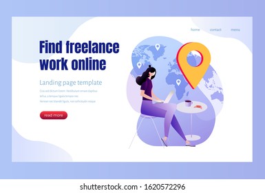 Freelancer working on laptop in cafe. Big pin and world map. Find freelance work online concept. Young woman. Vector illustration isolated on white background. Landing page template. Hero image