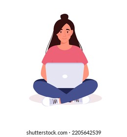 Freelancer working on a laptop. The cute girl works at home, earning money on the Internet. Remote work, part-time work, training. Vector flat illustration woman, isolated background.