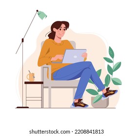 Freelancer working on a laptop. The cute girl works at home, earning money on the Internet. Remote work, part-time work, training, education. Vector flat illustration woman, isolated background.