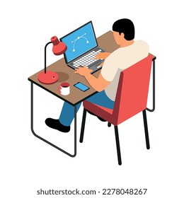 Freelancer working on laptop at desk back view 3d isometric vector illustration