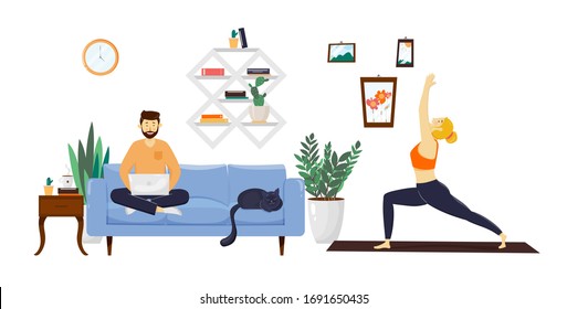 Freelancer working on laptop and female partner practicing yoga on a mat. Fitness, sport and healthy lifestyle concept, home office, working at home. Vector illustration with people and interior.