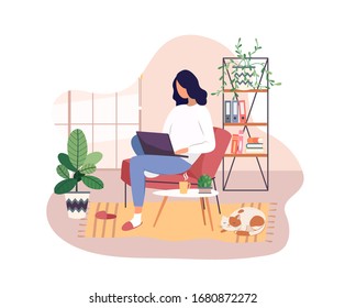 Freelancer working on laptop at home, remote job. Young girl studying from home, e-learning concept. Comfortable conditions for work during the quarantine. Online shopping. Vector illustration.