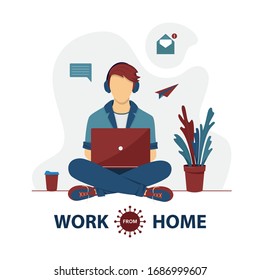 Freelancer are working on laptop at home. Remote work. Self-quarantine concept. Work at home during an outbreak of the COVID-19 virus. Coronavirus quarantine preventive measures. Vector illustration