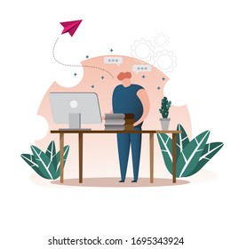 Freelancer  working on laptop at Home office. Remote worker, employee schedule, flexible schedule concept.vector illustration
