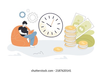 Freelancer working on laptop at home flat vector illustration. Man sitting on armchair and making money. Freelance, work concept for banner, website design or landing web page