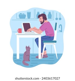 Freelancer working on laptop at home, vector illustration in simple flat style. Young man sitting at the table with a computer in in his kitchen with cat.