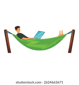 Freelancer working on laptop lying in hammock, enjoying distant work and relaxing