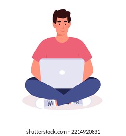 Freelancer working on a laptop. The man works at home, earning money on the Internet. Remote work, part-time work, training. Modern technologies. Vector flat illustration boy, isolated background.