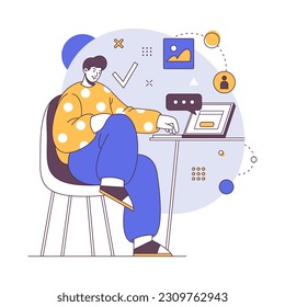 Freelancer working on laptop, professional programmer, entrepreneur or manager on remote online job, flat cartoon character. Vector relaxed person on workplace, businessman work from home
