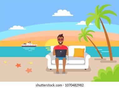 Freelancer working on laptop sitting on cosy sofa, summertime at coastline, freelance job and palms, sea and ship on background distant work poster