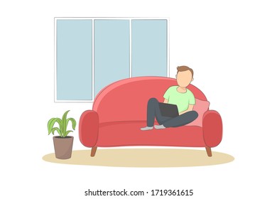 Freelancer working on laptop and sitting on couch. Vector illustration.