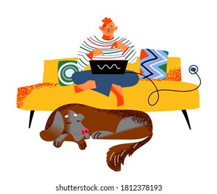 Freelancer working on laptop sitting on couch in living room with sleeping dog. Man works remotely from comfortable home office. Vector character illustration of telework, online job technology