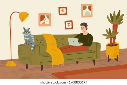 Freelancer working on a laptop on the sofa. Remote work. Cozy interior with paintings, a plant and a cat. Work from home, quarantine. Hand drawn illustration with texture. 