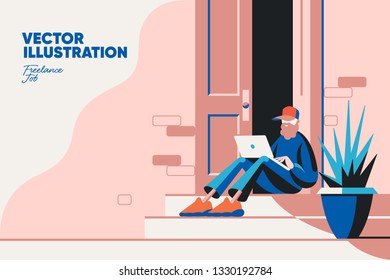 Freelancer working on a laptop vector illustration 