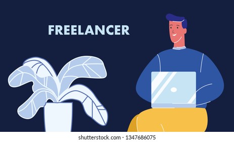 Freelancer Working on Laptop Vector Illustration. Man Using Computer at Home. Job, Occupation. Smiling Relaxed Male Flat Character. Remote Job. House Plant in Pot, distance Learning, Education