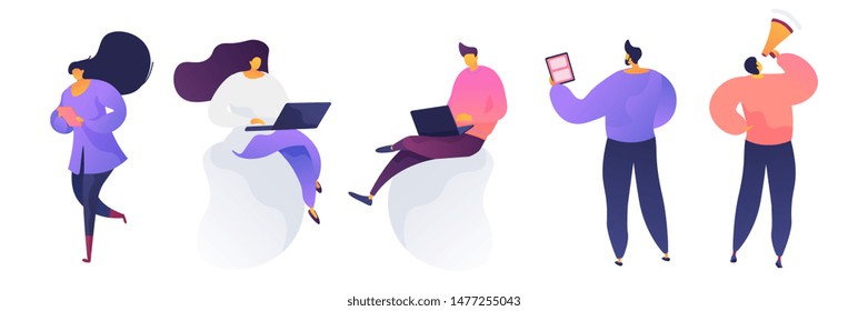 Freelancer working on laptop vector illustrations set. Coworking center, creative teamwork, business partners launching startup. Office worker, employee working on project isolated cartoon characters