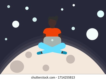 Freelancer working on the moon 
among the stars. Flat vector illustration.