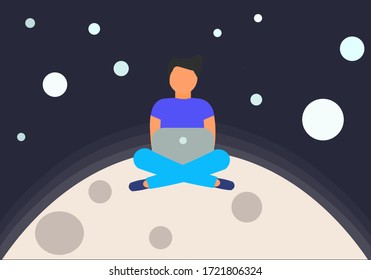 Trabajador independiente trabajando en la luna 
entre las estrellas. Ilustración vectorial plana.