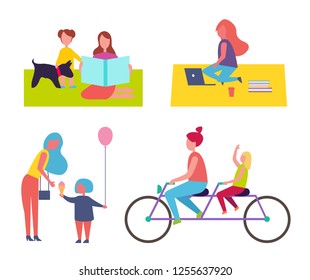 Freelancer working in park, sitting on blanket surrounded by books and coffee. Isolated icons set, family mother and kid with balloon, bikers vector