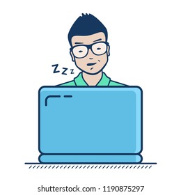 Freelancer working pretty hard work and falls asleep near the laptop sitting at desk. Tired sleepy remote worker. Vector flat icon illustration isolated on white background.