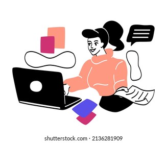 Freelancer working remotely abstract concept. Young woman sitting at her desk, looking at laptop screen and doing paperwork. Busy employee. Cartoon flat vector illustration in line art style
