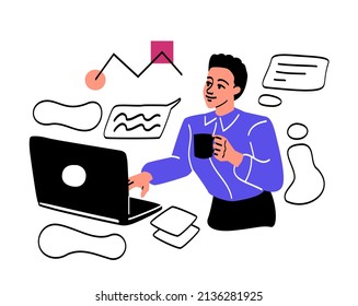 Freelancer working remotely abstract concept. Young male graphic designer holding cup of coffee and working on laptop. Online profession or job. Cartoon flat vector illustration in line art style