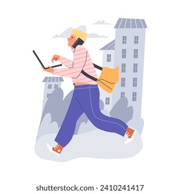 Freelancer working remotely in the city while walking and talking on phone. Young man doing several tasks at the same time. Freelance lifestyle concept. Flat vector illustration