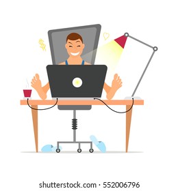 Freelancer working remotely from his desk. Freelance concept in flat and cartoon style design. Home office workplace. Online shopping