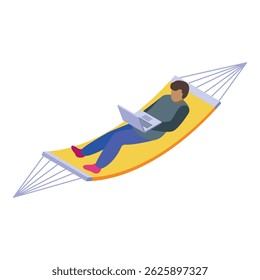 Freelancer is working remotely, lying in a hammock with his laptop on a tropical island