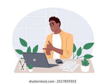 Freelancer trabalhando remotamente usando laptop para o trabalho. Um homem se senta em uma mesa em um local de trabalho confortável. Ilustrações gráficas vetoriais planas isoladas sobre fundo branco