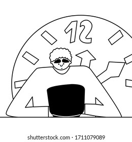 Freelancer is working vector illustration. Hardworking human.  Man is typing on computer at night. Programmer is hardworking. Huge clock illustration. Odd man is sitting at the table with notebook a